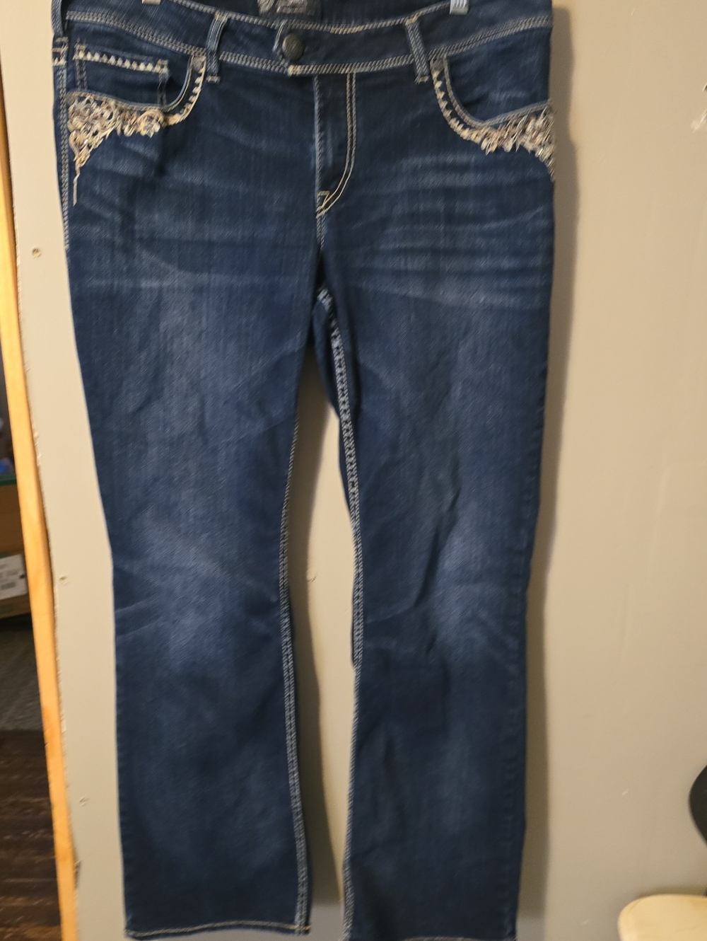 Silver Jeans Dark Blue Boot Cut Jeans with Embroidered Pockets